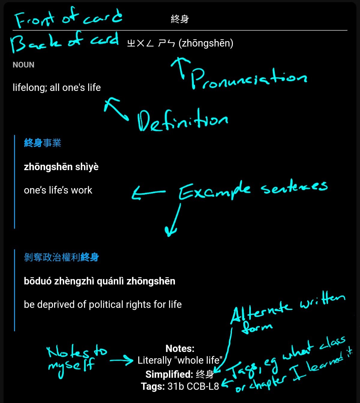 An example of one of my flashcards, as seen on an Android device. You can pack a lot of information and context into these flashcards! With my Pleco - Anki integration, making a card like this takes less than 10 seconds.