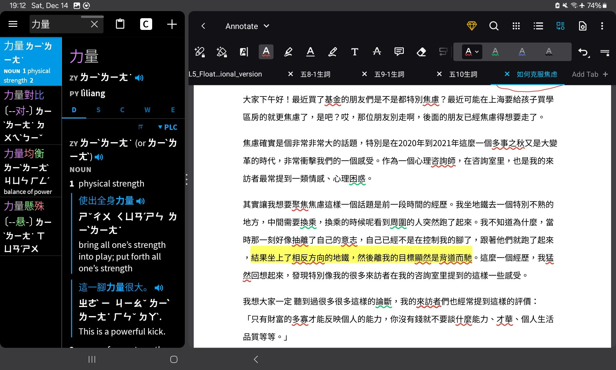 PDF transcript of a TED talk, annotated with different colors. To the left is Pleco, open in split screen.